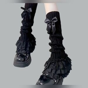 Black Colored Lace Bow Frilly Leg Warmers Boot Cuffs Ruffle Socks Lolita Kawaii